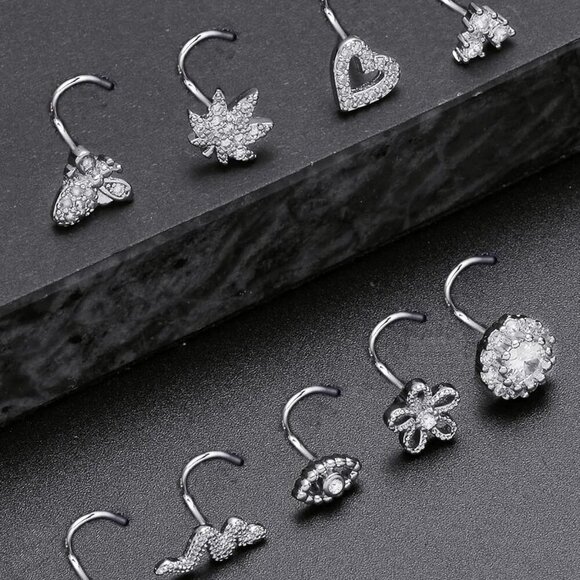 16Pcs Nose Stud Rings Silver Pink Tone CZ Flower Snake Butterfly Heart Joy - Picture 5 of 7